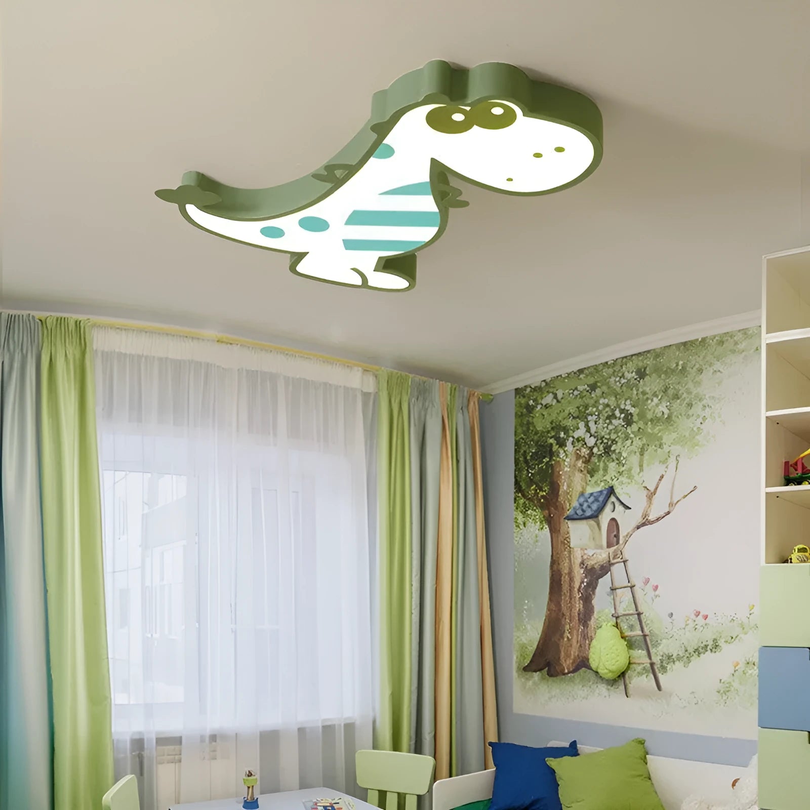 Green cartoon dinosaur ceiling light with dimming for a child's bedroom