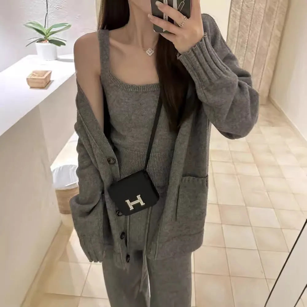 Women's knit cardigan and pants three-piece set in wool blend fabric shown in beige colour
