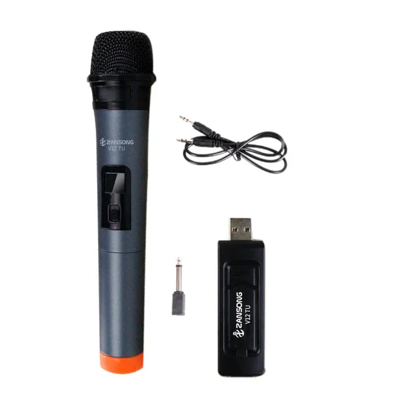 Black V12 dynamic wired microphone with USB receiver, adapter, and audio cable