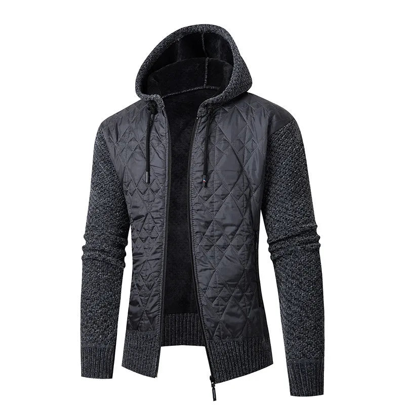 Man wearing a grey hooded corduroy sweater coat with a cinched waist, a winter cardigan style.
