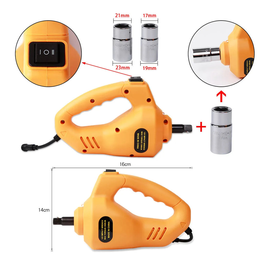 Yellow steel electric car jack set with hydraulic mechanism and electric wrench for vehicle lifting