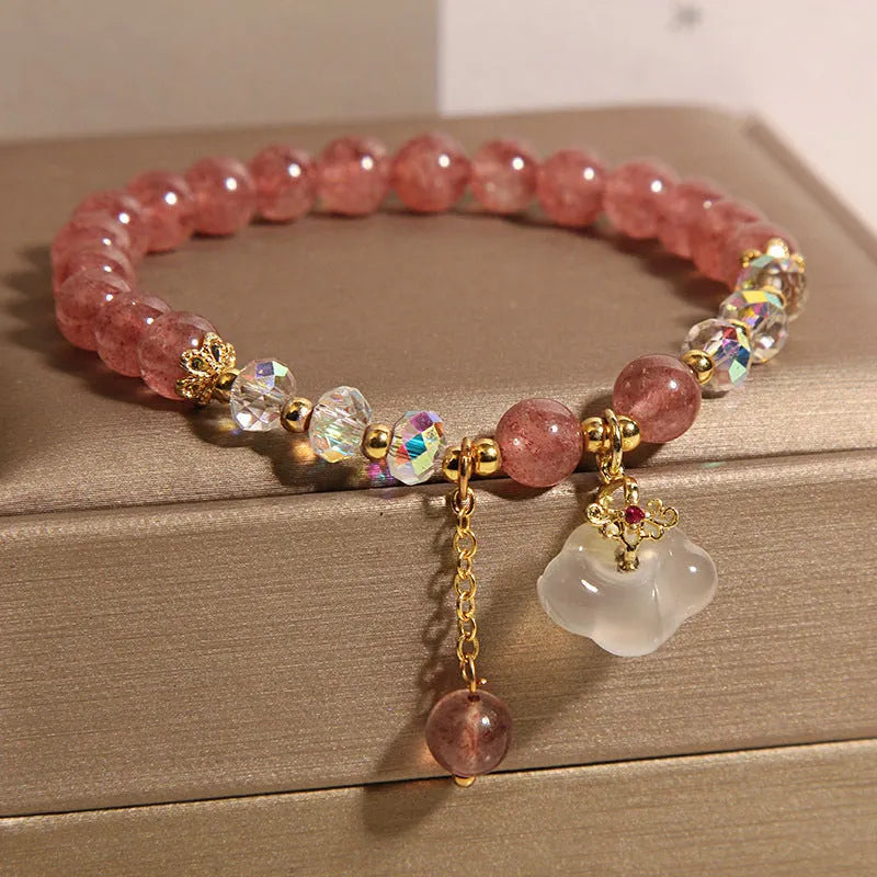 Women's adjustable strawberry quartz crystal bracelet with white agate stones and auspicious cloud charm