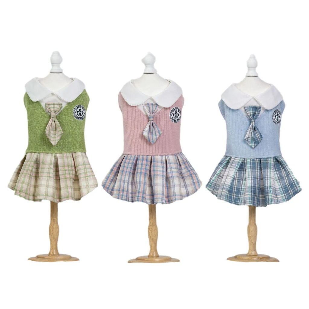 Pink, blue, and green tartan princess skirt for small and large dogs and cats on a white background.