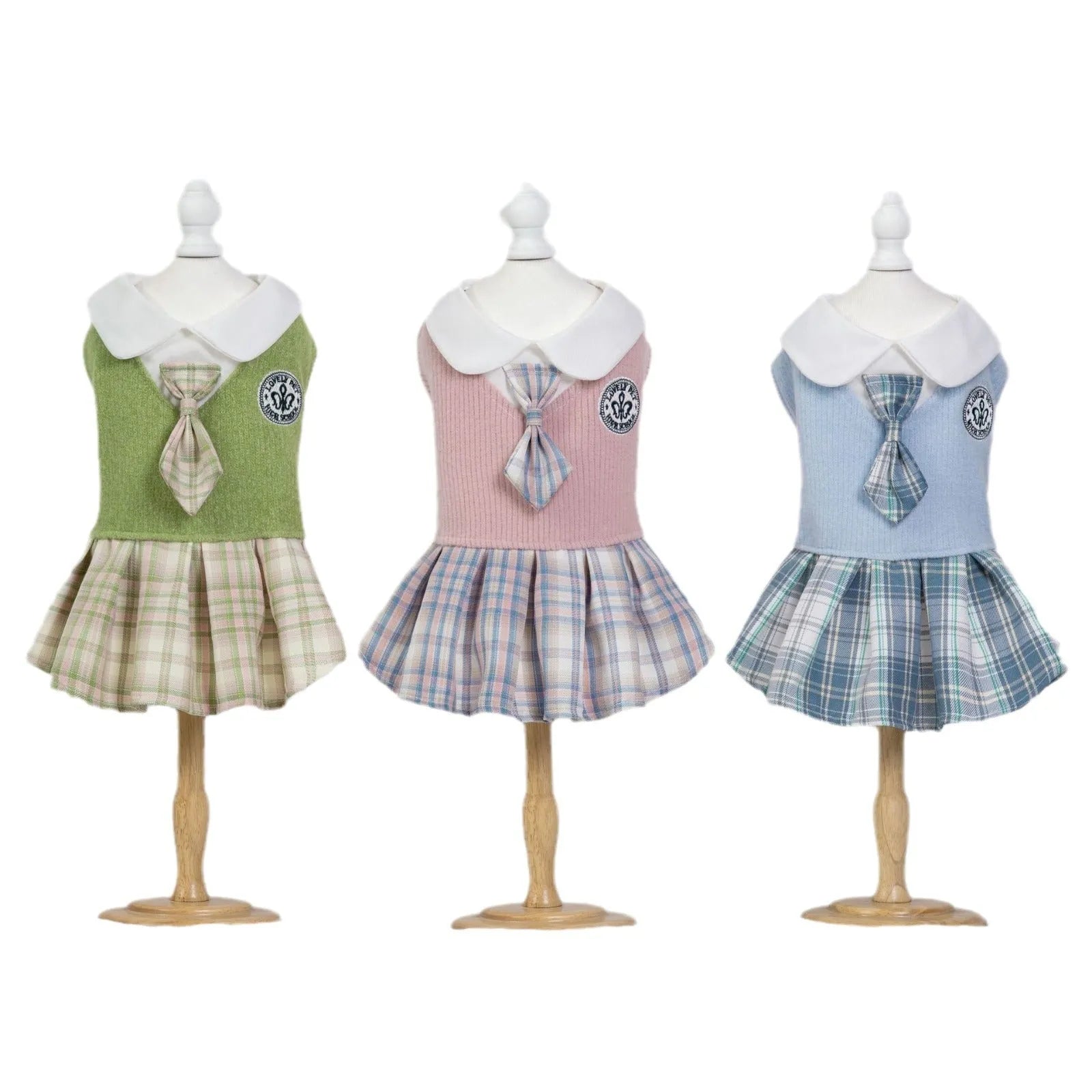 Pink, blue, and green tartan princess skirt for small and large dogs and cats on a white background.