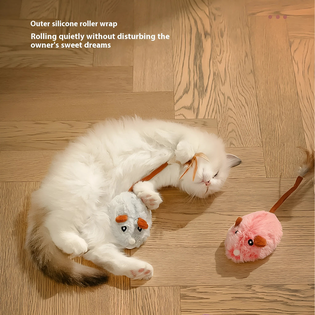 Electric cat toy with rotating plush mouse on telescopic pole showing pink, purple and dark grey colour options