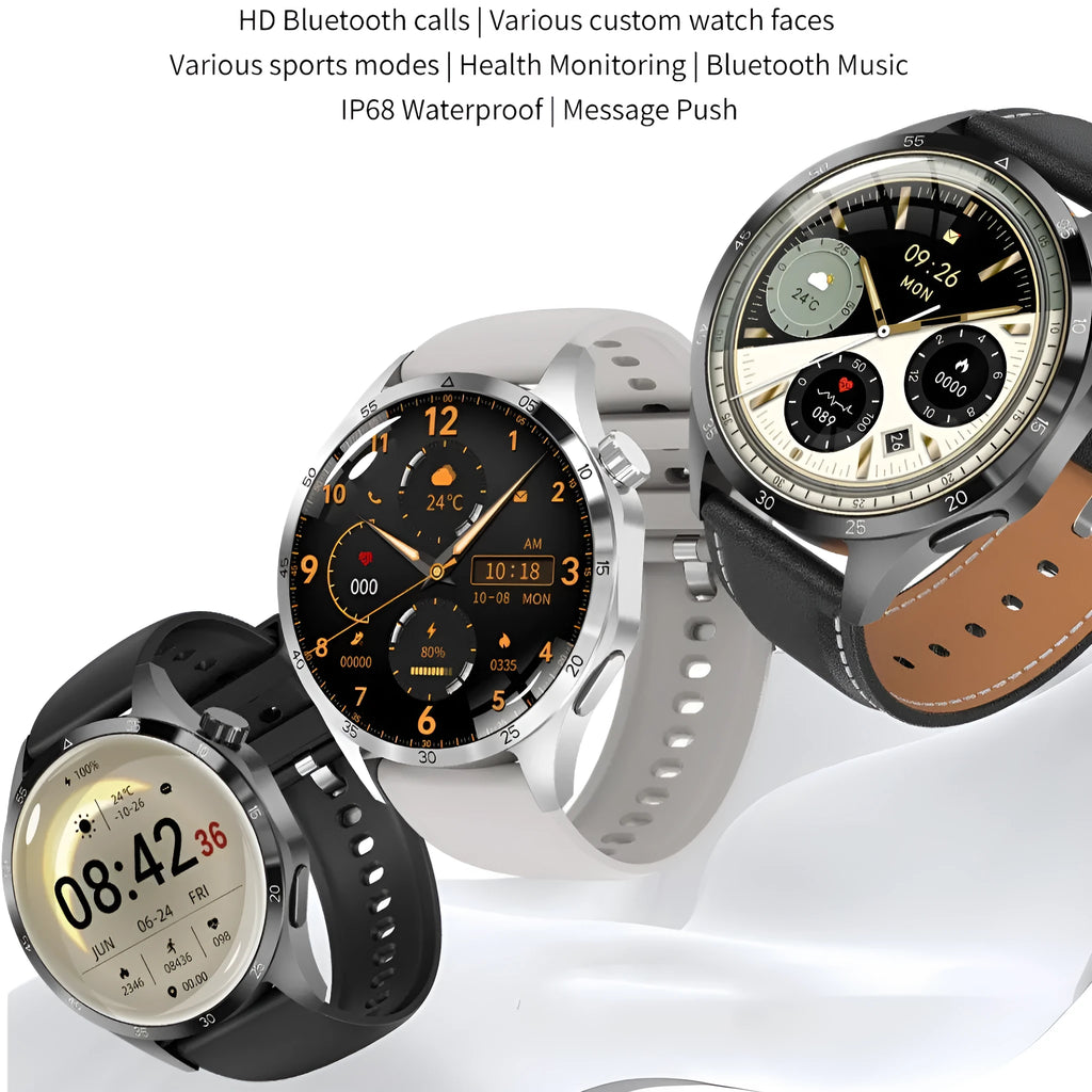 Black Bluetooth smartwatch with touchscreen showing health stats, available with silicone or Milan mesh strap.