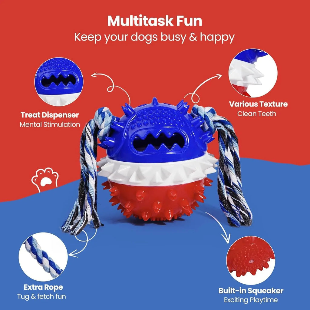 Blue and red TPR rubber dog ball with treat hole and squeaker for large breed chewers.