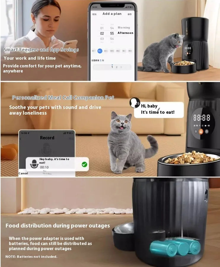 Black intelligent pet feeder with automatic timing and USB power connection for remote feeding