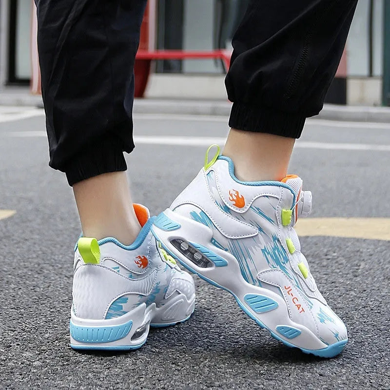 Children's rotating button basketball shoes in multiple colours with waterproof synthetic leather construction