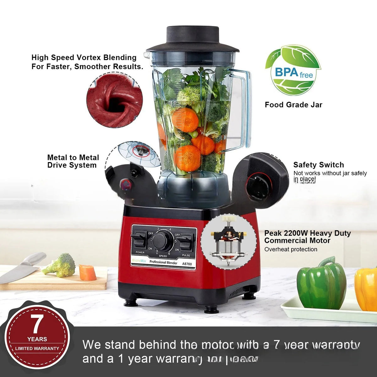 Red commercial blender with stainless steel jug, model A8700, on a countertop.