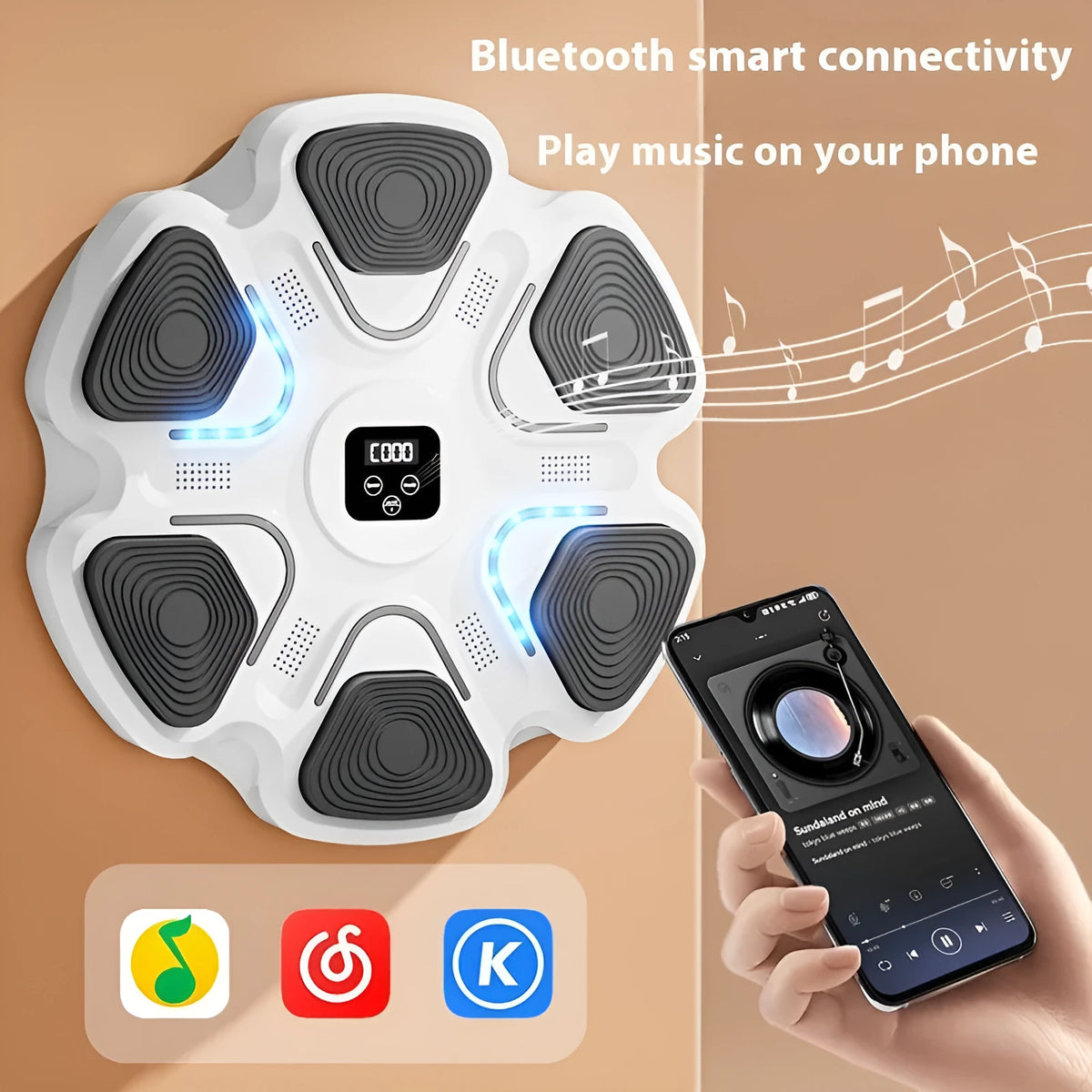 Smart music boxing machine wall target with electronic display and multiple glove colour options