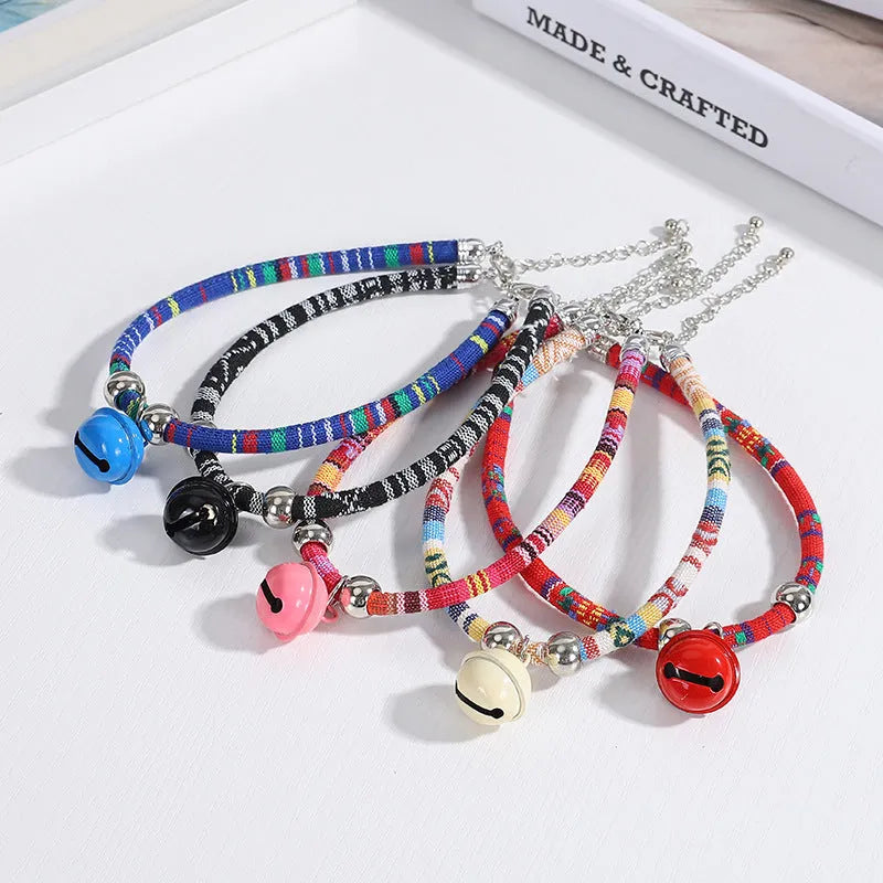 Coloured ethnic style adjustable pet collar with bell necklace for cats and dogs