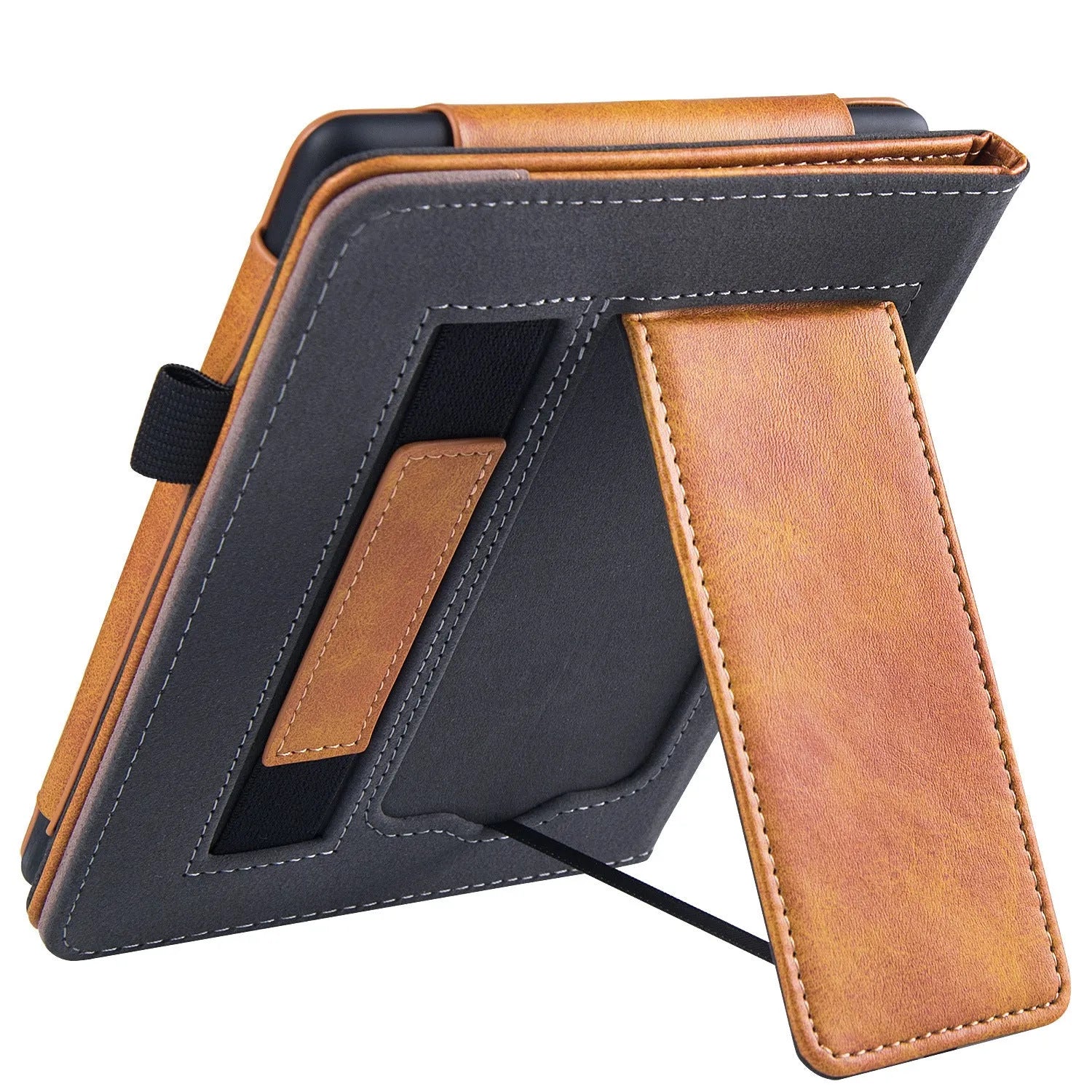 Kindle Paperwhite leather case with wrist splint bracket attached, showing calf leather exterior and microfiber interior