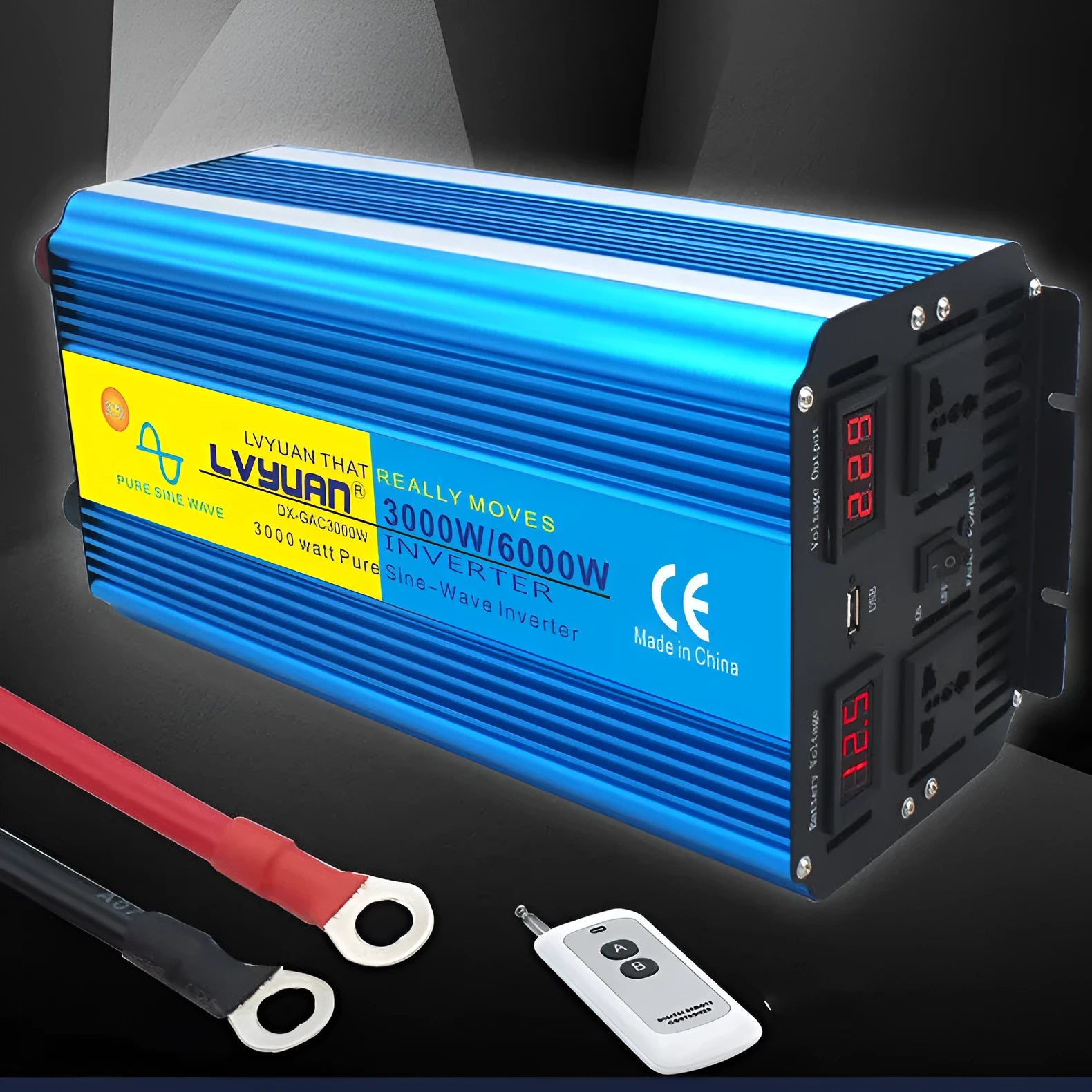 Blue 3000W 12V to 220V pure sine wave power inverter with digital displays and remote control