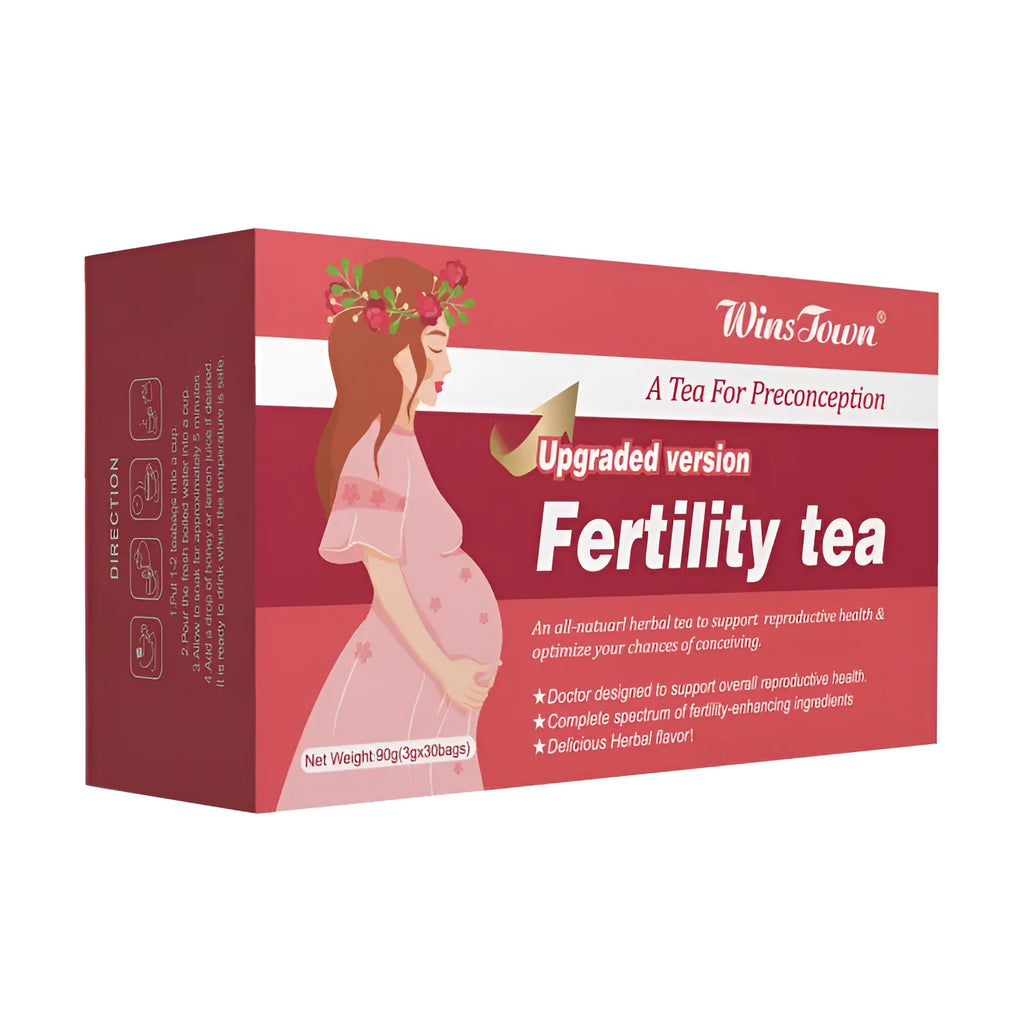 Box of fertility herbal tea containing 330 infusion bags in three separate packs.