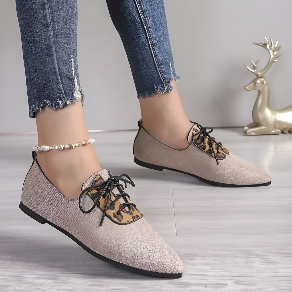 Beige leopard print pointed toe pumps for women in plus sizes.