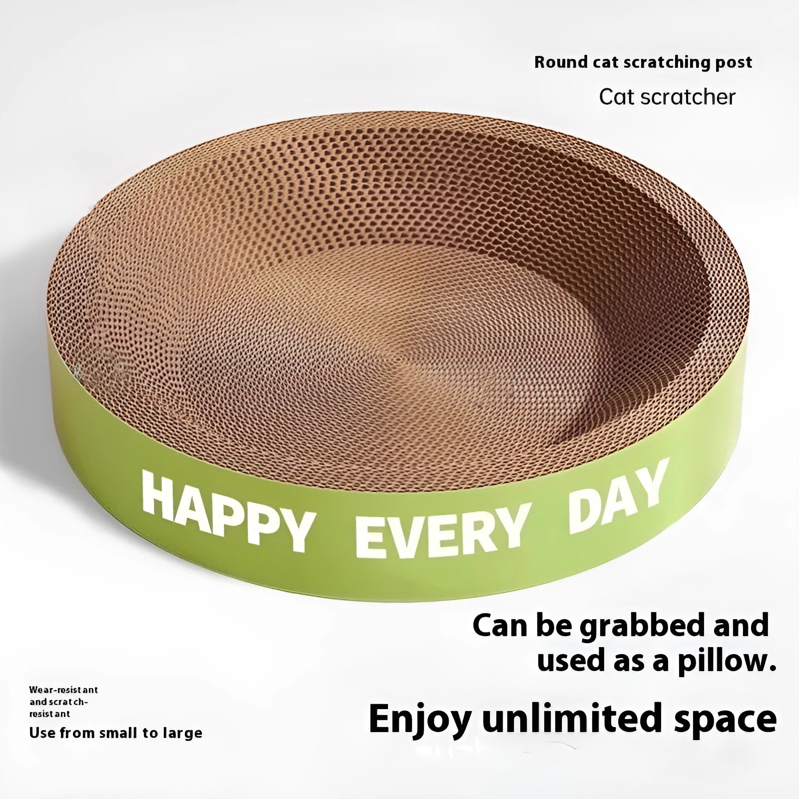 Green round cat scratching board nest measuring 50cm diameter with natural jute surface