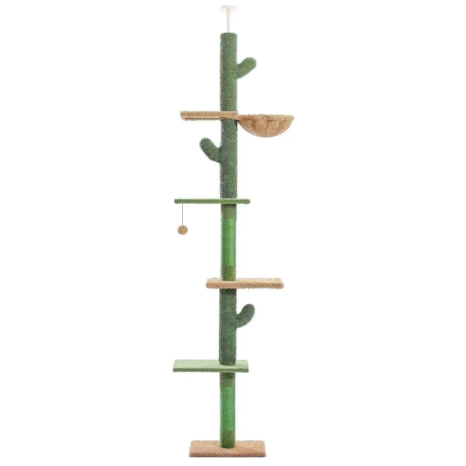 Tall solid wood cat tree with cactus-shaped nest, integrated scratch board, and hanging toys
