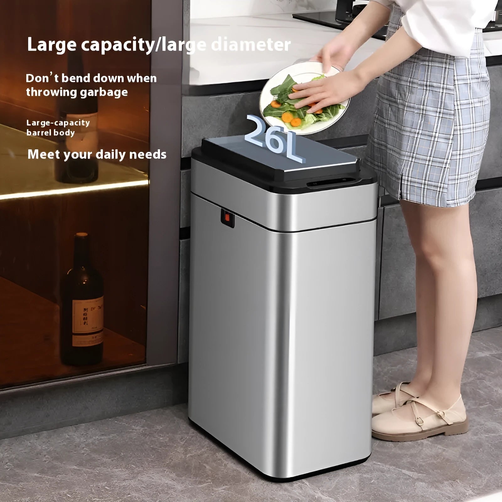 Stainless steel inductive smart trash can with square bucket design and sensor lid.
