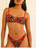 Women's cherry print tube top bikini swimsuit with floral pattern and briefs style
