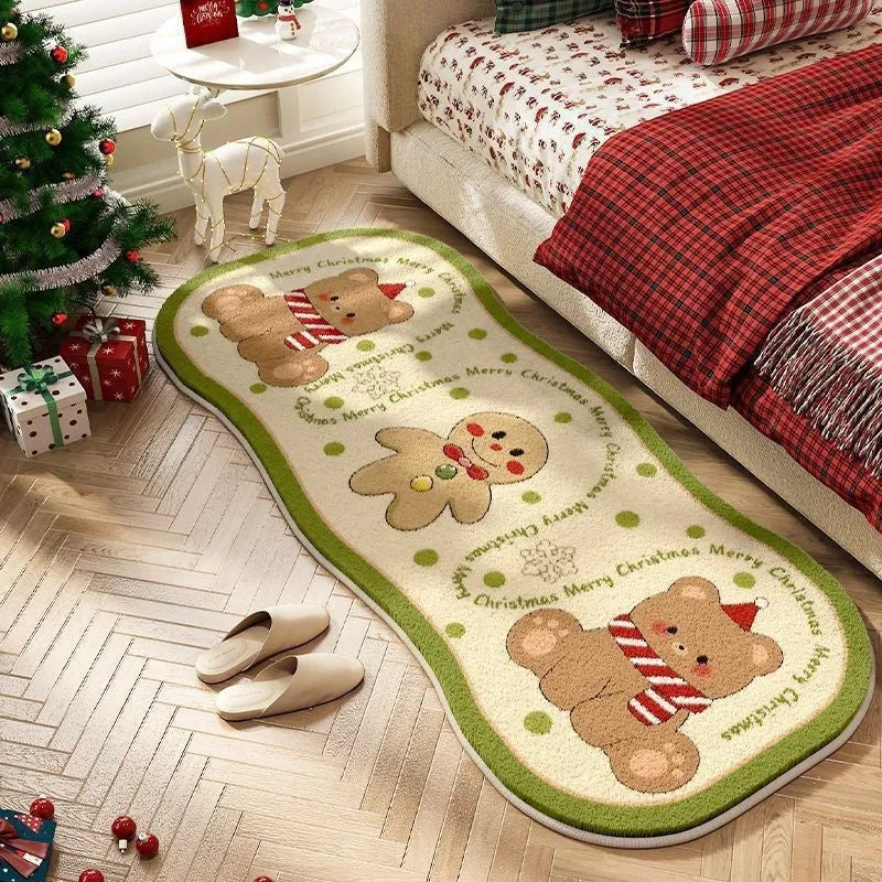 Christmas cashmere carpet decoration in imitation cashmere with festive patterns including ginger cake bear and Christmas tree designs
