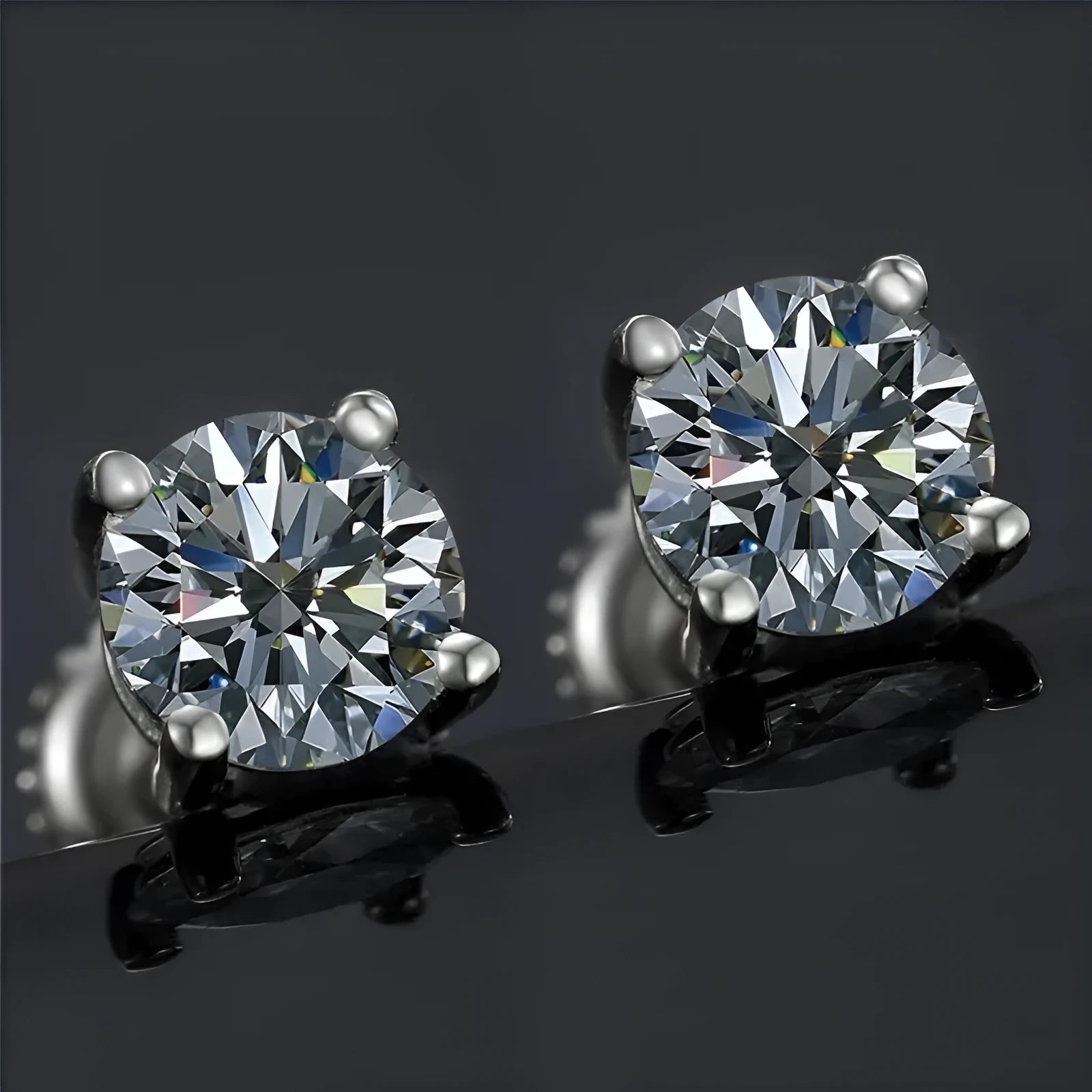 Four claw moissanite stud earrings with geometric 7mm stone in electroplated silver with certificate