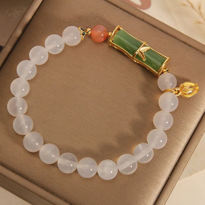 White agate and jasper beaded bracelet with jade bamboo joint centerpiece in New Chinese retro style for women