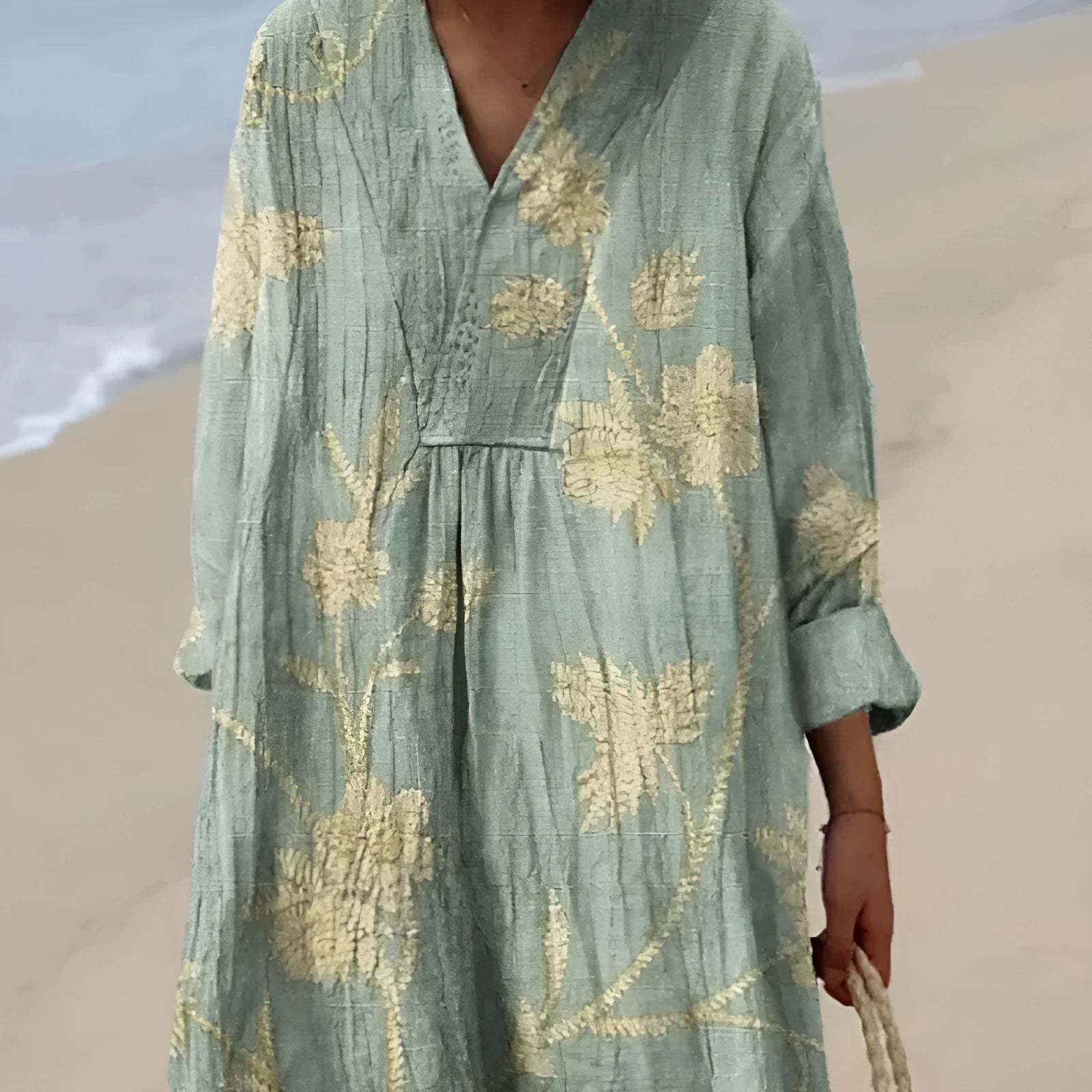 Japanese Korean style floral printed shirt dress with 3D sleeve pattern effect and wide waist princess cut