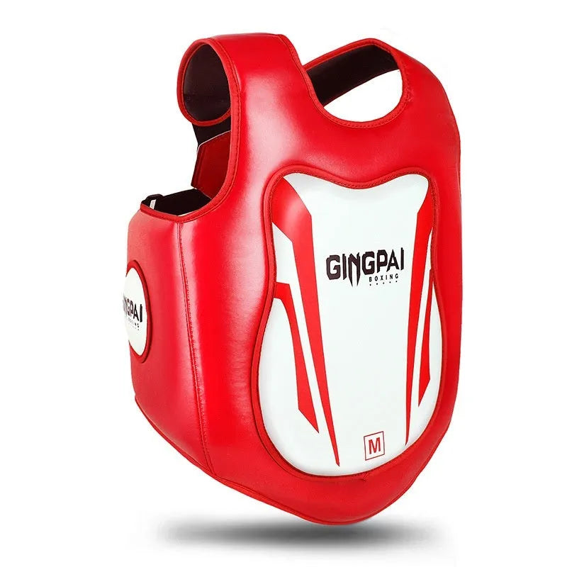 Sanda chest protector in PU, thickened vertical design for chest and belly, red white blue white black white, sizes S M L
