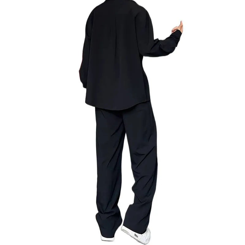 Men's black slim fit polo shirt and trousers two-piece suit in hemp fabric