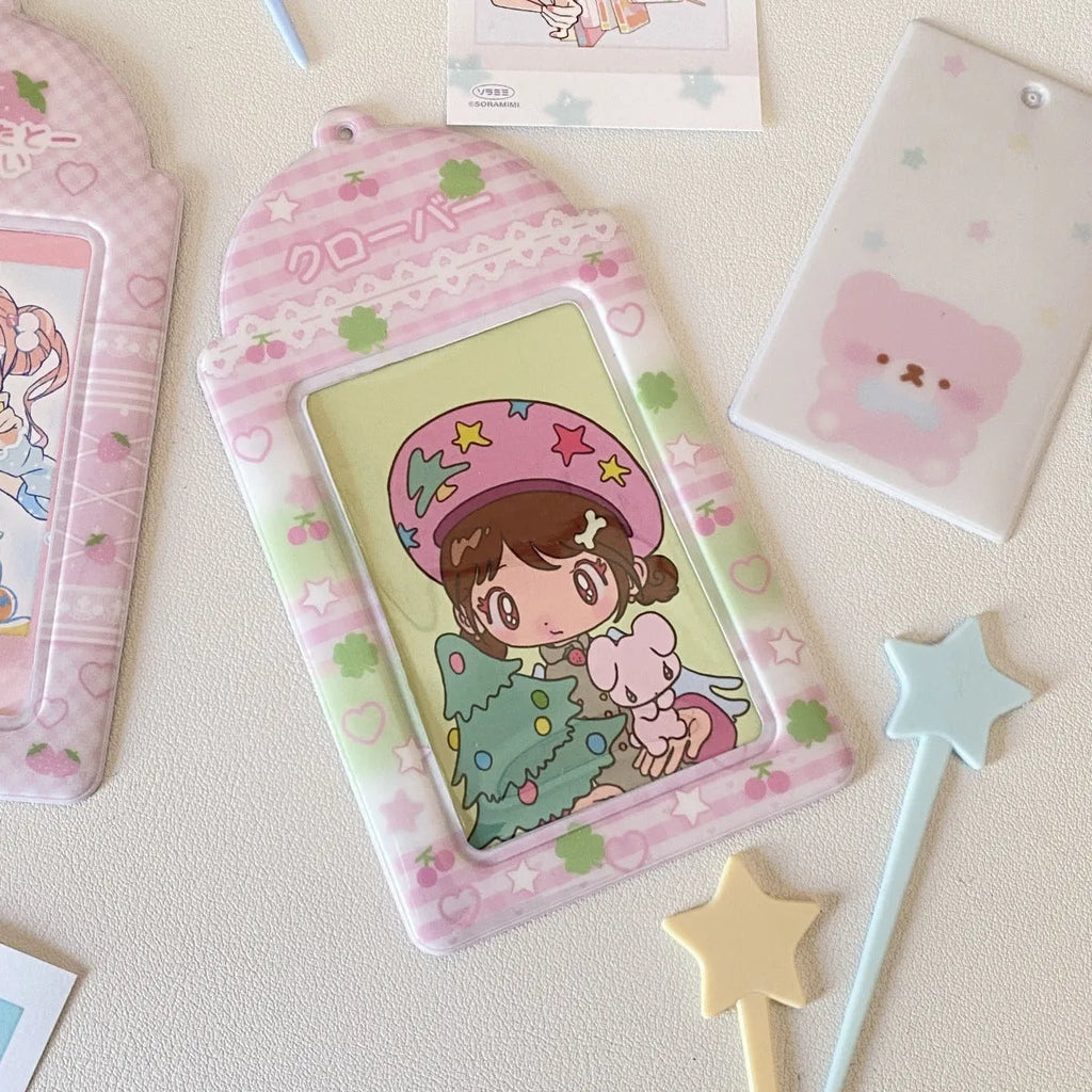 Cartoon PVC card holder with strawberry or four-leaf clover design for meal cards and ID badges
