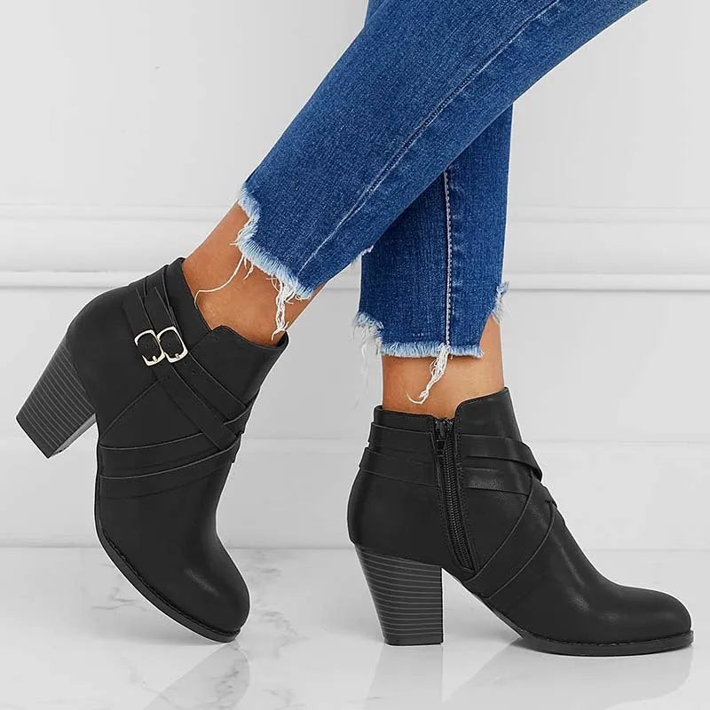 Women's plus size short boots with 7cm heels in black, brown, or grey with side zipper and belt buckle