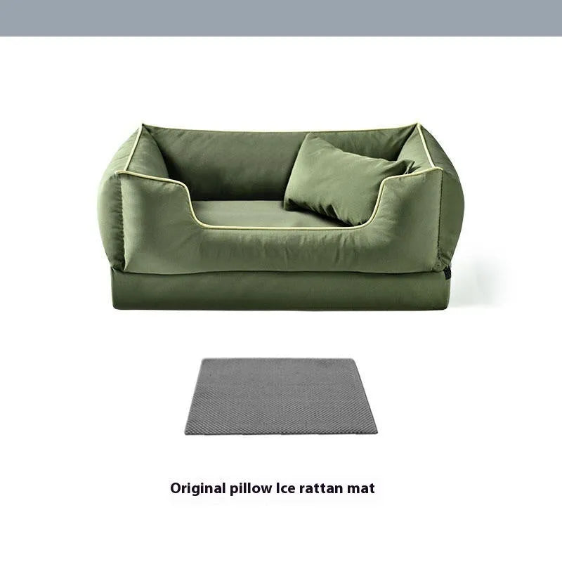 Waterproof outdoor dog kennel with a removable washable liner in dark green, shown in a garden setting.
