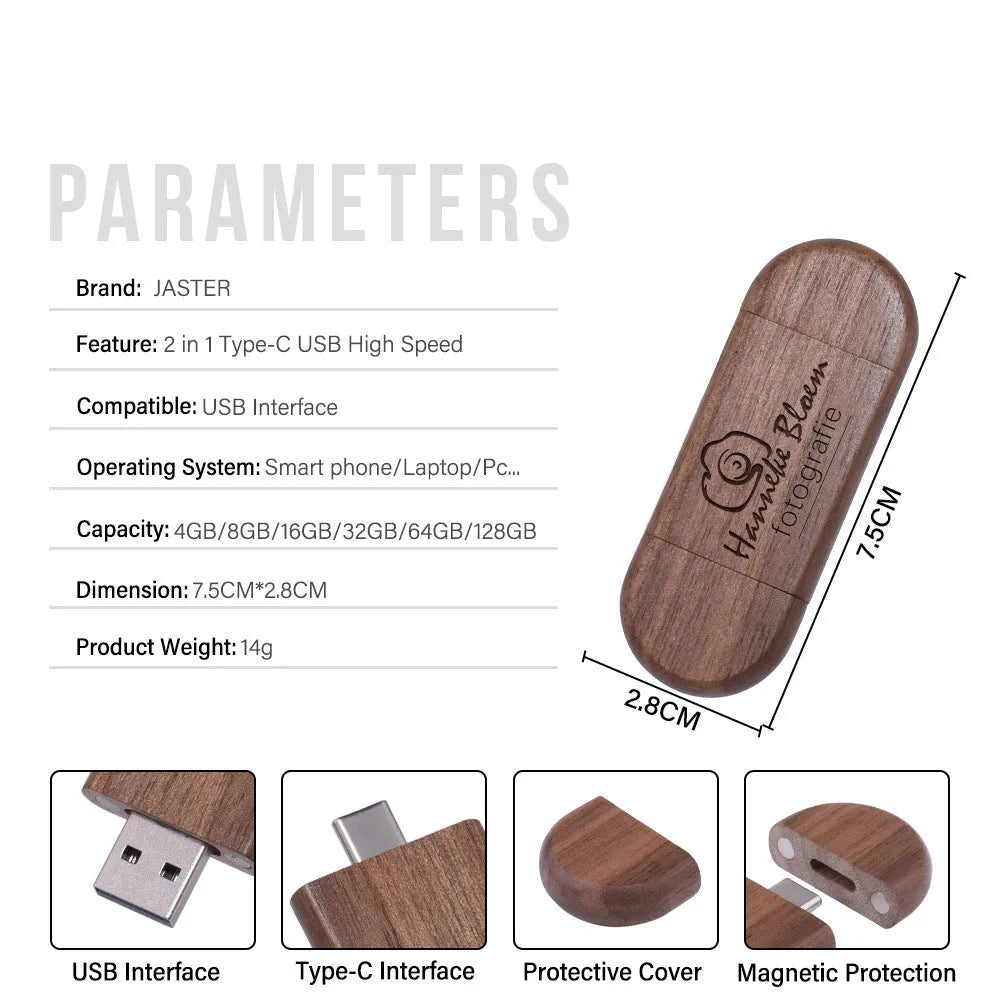 Wooden USB flash drive with Type-C and USB interfaces in Maple wood finish