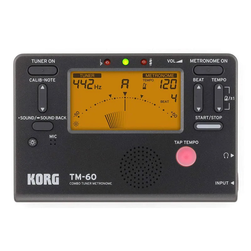 TM-60 digital tuner metronome in black or white plastic shell with display and controls