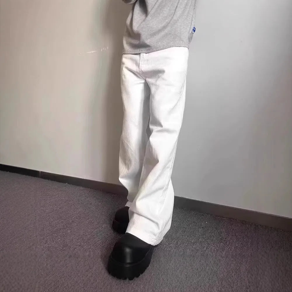 Men's white straight leg jeans with wide leg opening and front zip fly