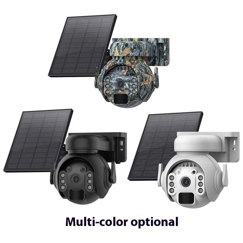 Outdoor solar security camera with camouflage finish showing integrated solar panel and lens