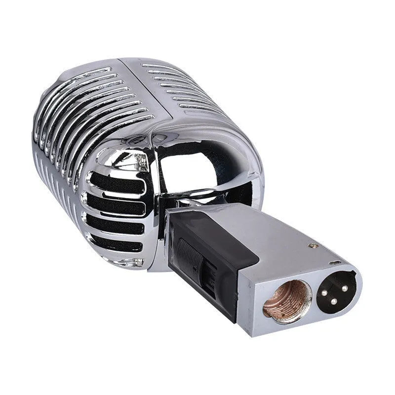 Retro metal wired microphone in black or silver colour with cardioid pickup pattern