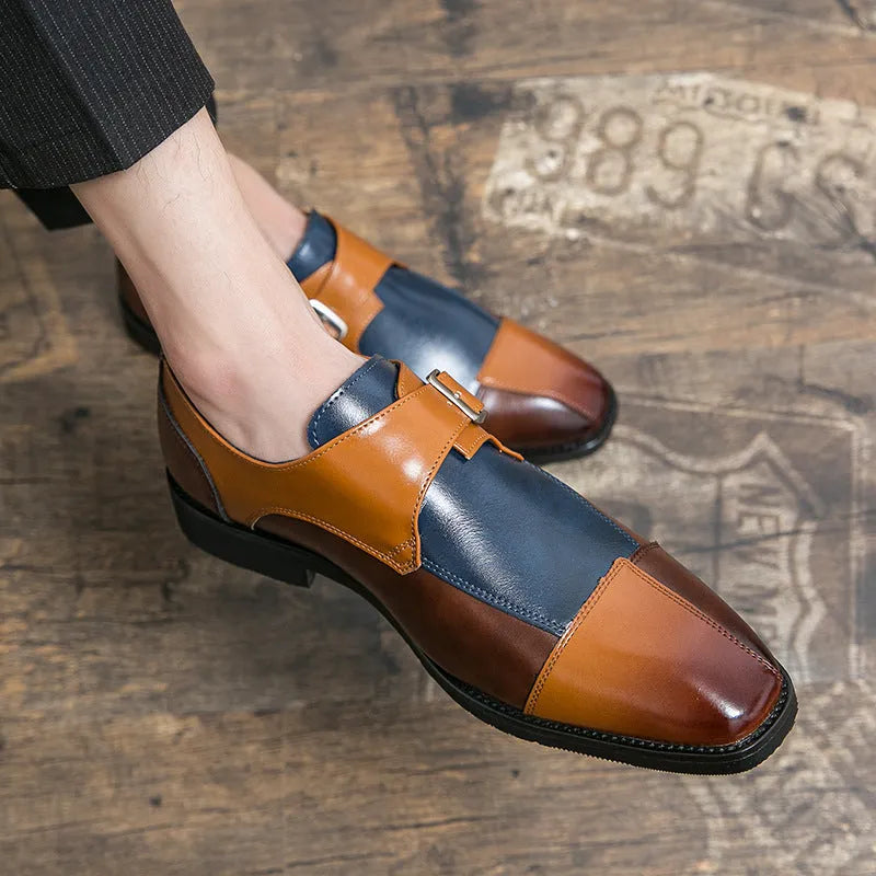 Men's brown blue and black retro buckle leather shoes with a tall high upper