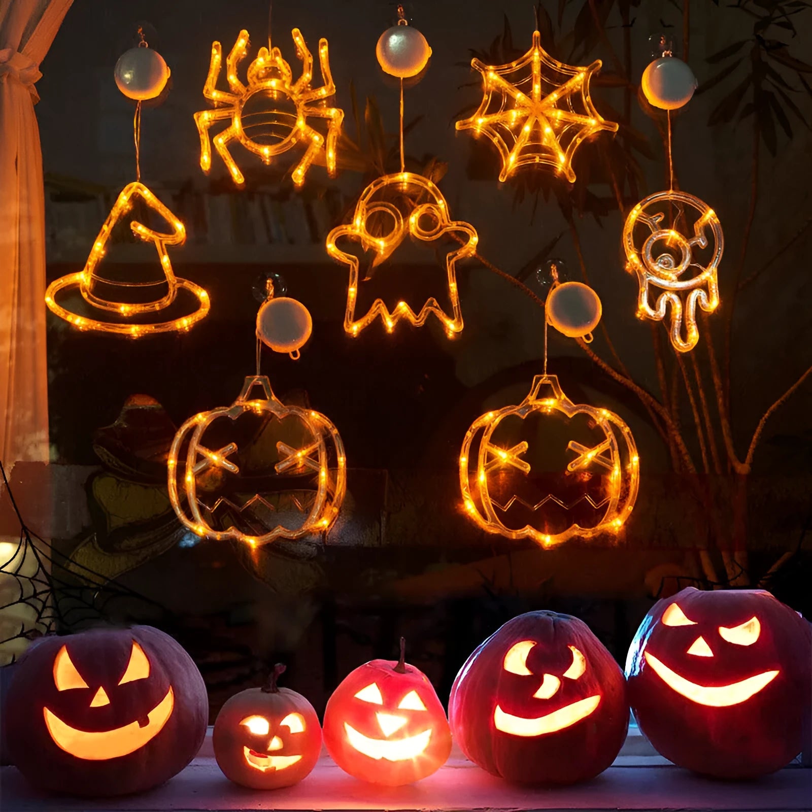 Halloween window hanging LED lights set with spider, pumpkin and ghost designs using battery power
