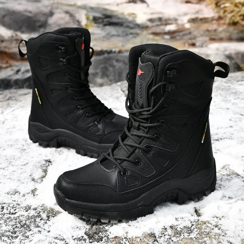 Men's beige cowhide leather hi-top hiking shoes on a rocky outdoor trail