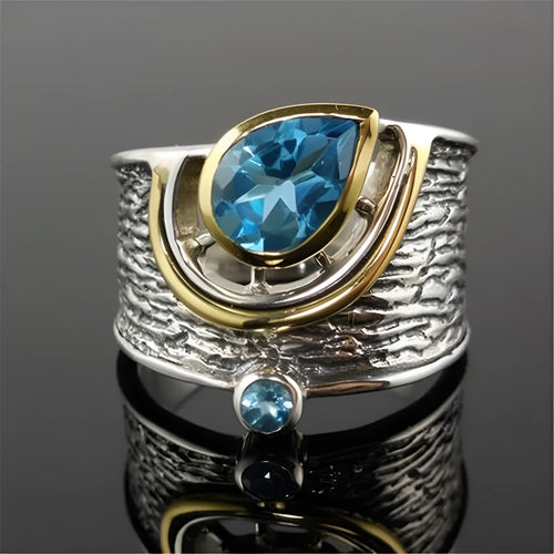 Blue alloy women's ring with Chinese style design and inlaid rhinestone zircon in drop shape