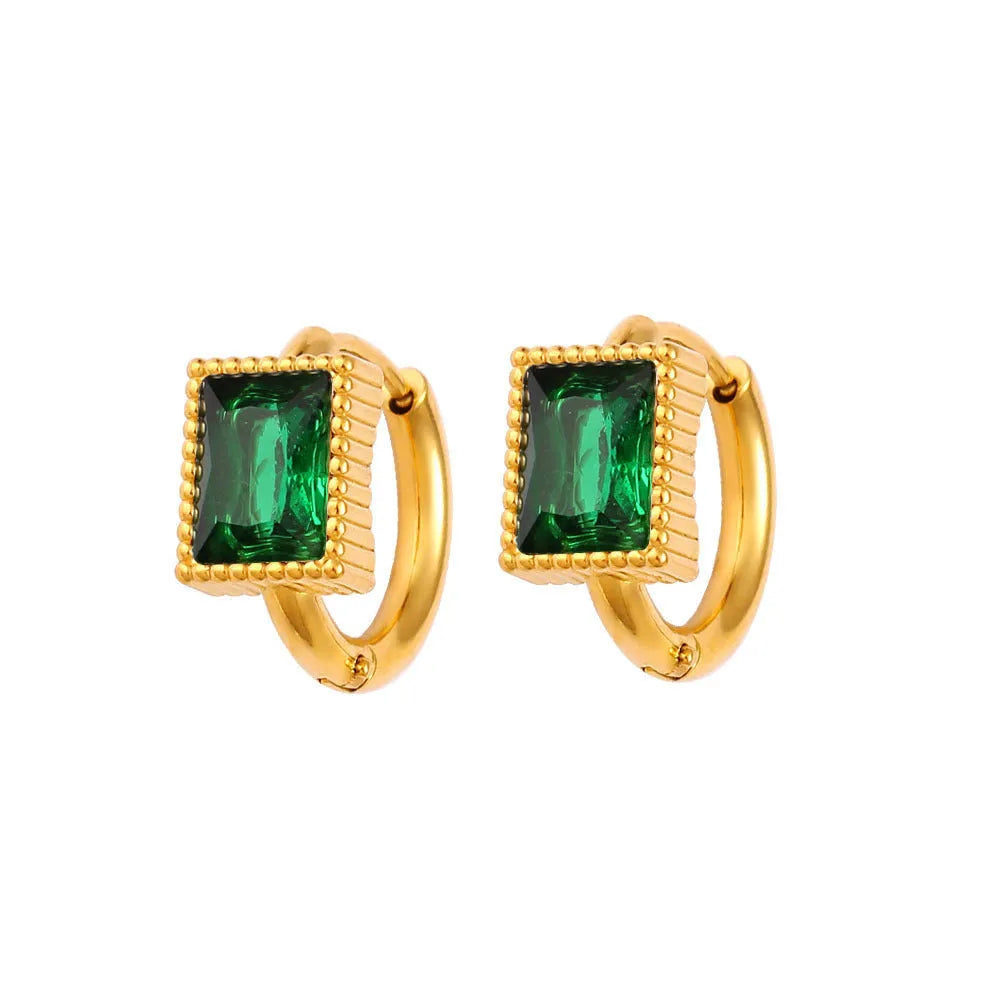 Square geometric stainless steel earrings with zircon detail in black, green, and white options