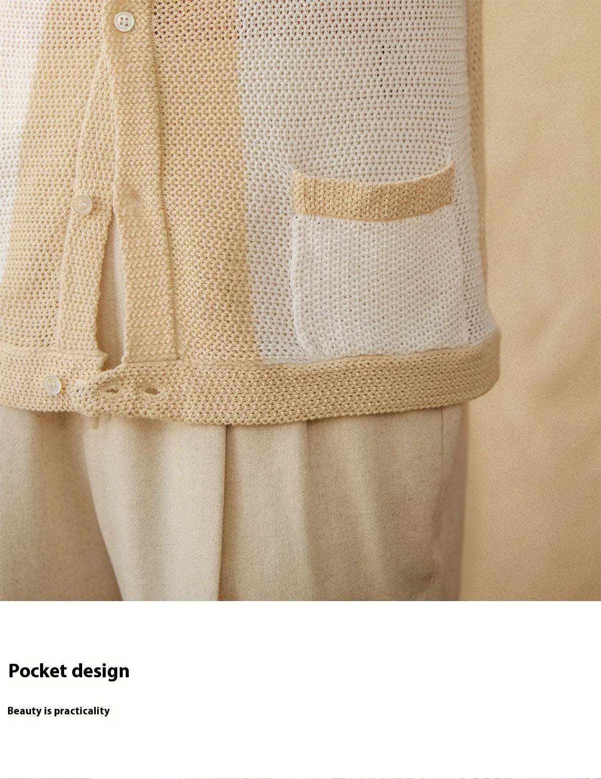 Beige women's short-sleeved cardigan with a lapel collar, made from a thin linen and cotton blend knit fabric.