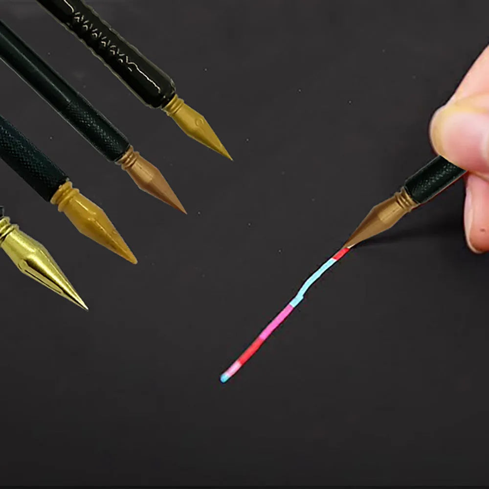 A white scratch pen tool for children's rainbow art and craft projects on a black surface.