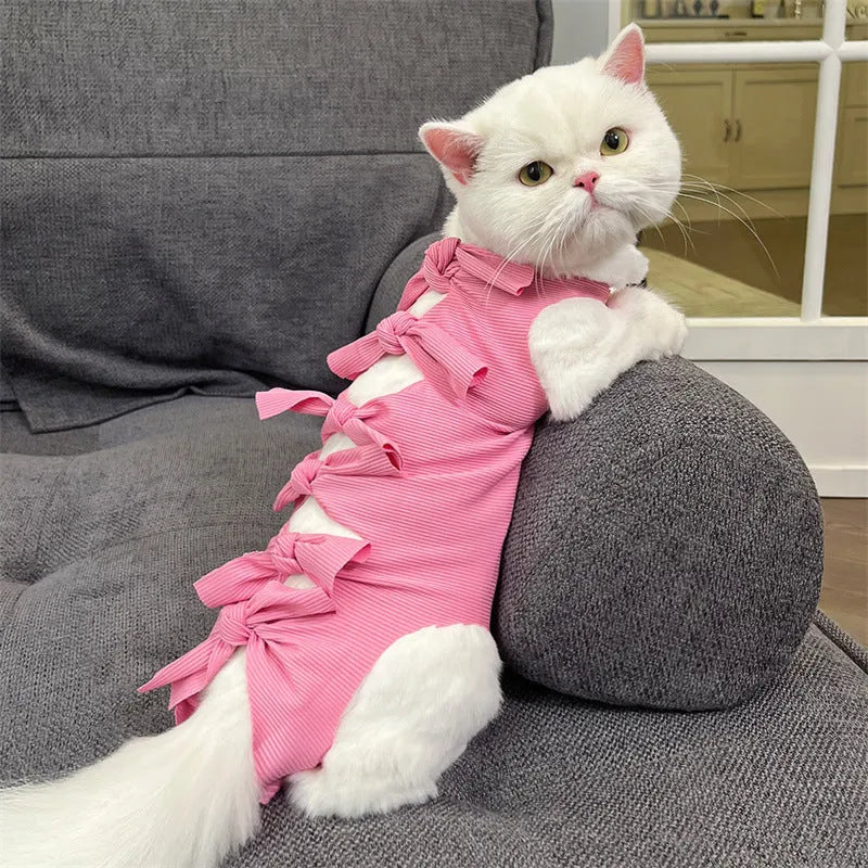 Lace-up polyester cat recovery suit for post-surgery care in blue, shown on a cat mannequin.