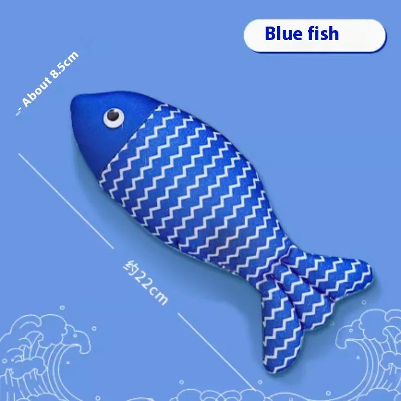 Blue, red, and yellow fish-shaped cat toys in large and medium sizes on a white background.