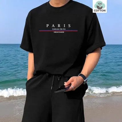 Men's printed cotton T-shirt in loose fit with short sleeves showing letter design