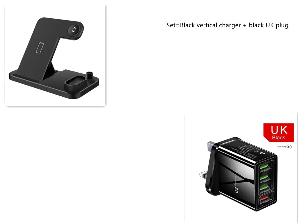 4-in-1 wireless charging station showing phone, Apple Watch, AirPods and Apple Pencil charging simultaneously