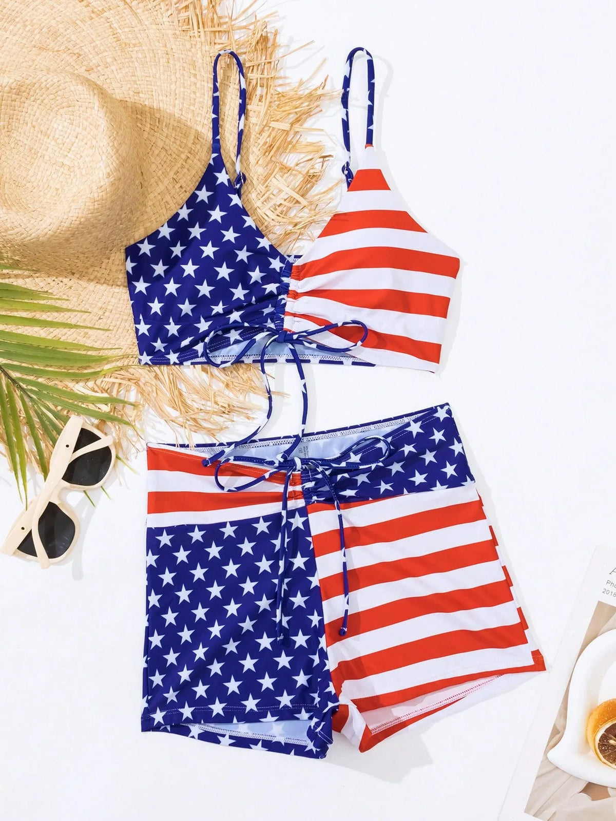 Women's high waist swimsuit with stars and stripes pattern, featuring a drawstring waist and boxer-style briefs